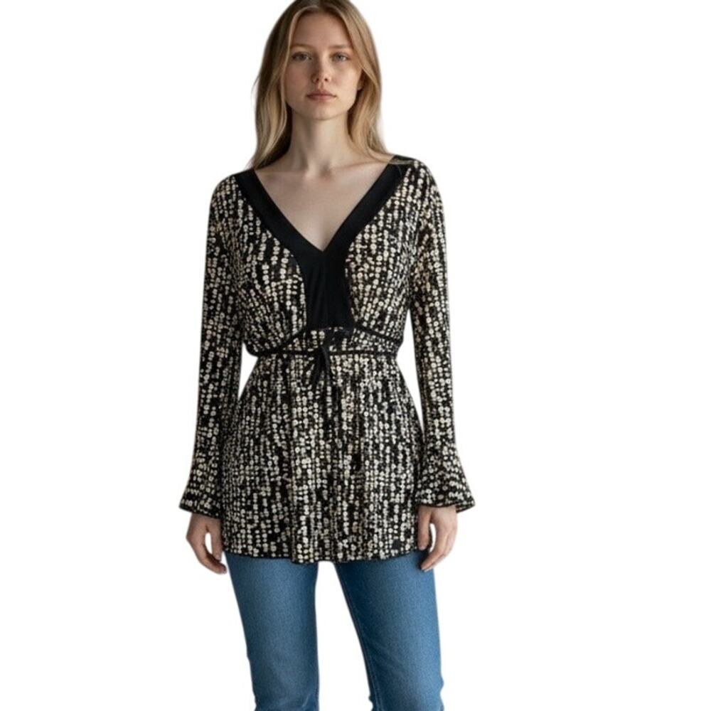JTB Y2K Top Womens L Black Tan Geometric Shimmer Stretch Blouse Boho Chic‎ Retro